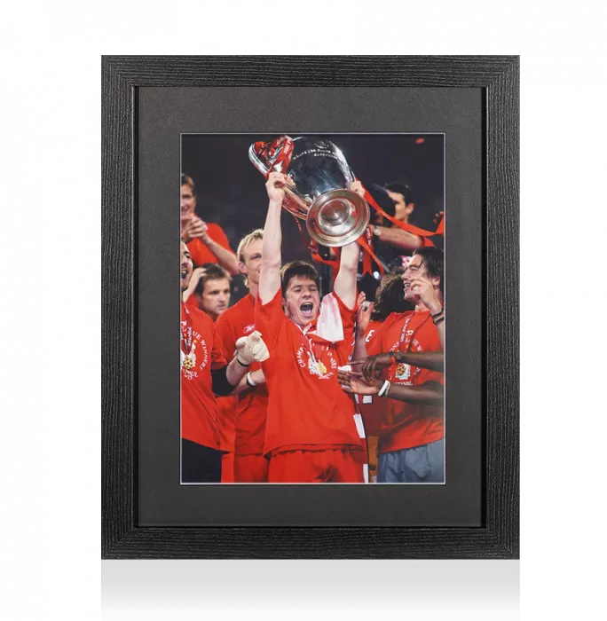icons UNSIGNED Xabi Alonso Photo In Black Wooden Frame: Lifting 2005 UEFA Champions League Trophy Liverpool FC