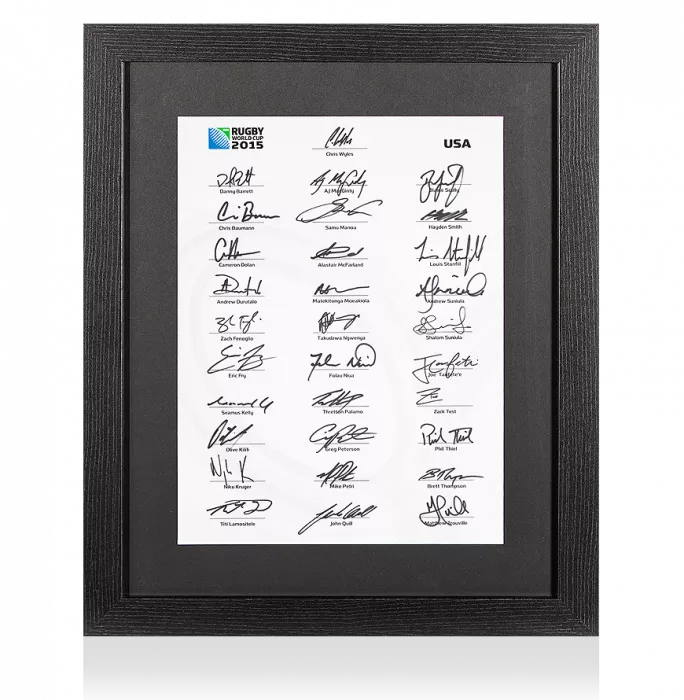 icons USA Rugby World Cup 2015 Squad Signed Card In Black Wooden Frame: Signed By 31
