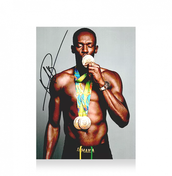 icons Usain Bolt Signed Photo: 3x 2016 Olympic Golds