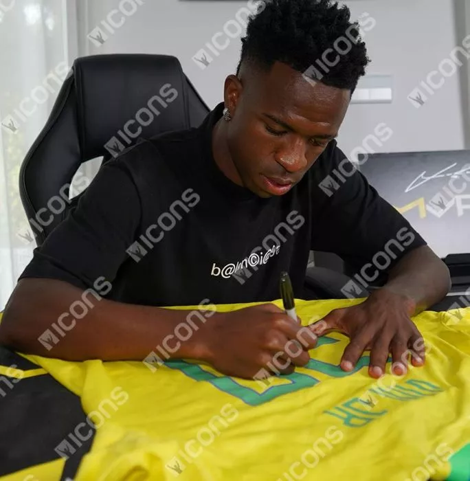 Icons Vinicius Jr Back Signed Brazil 2022 Home Shirt With Fan Style Numbers In Hero Frame: Option 1