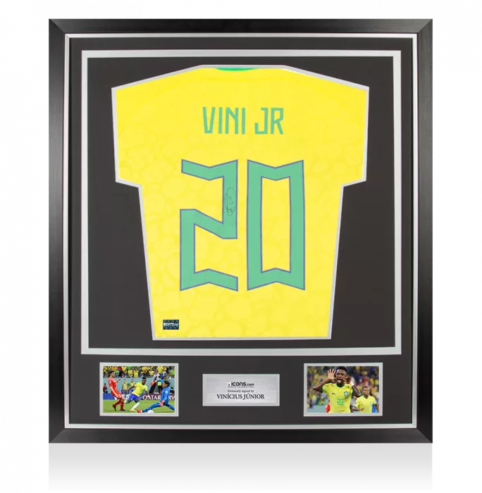 icons Vinicius Jr Back Signed Brazil 2022 Home Shirt with Fan Style Numbers In Classic Frame