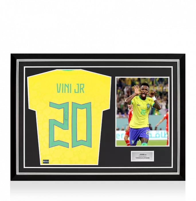 icons Vinicius Jr Back Signed Brazil 2022 Home Shirt with Fan Style Numbers In Hero Frame: Option 1
