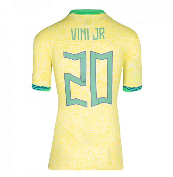 Icons Vinicius Jr. Back Signed Brazil 2024 Home Shirt With Fan Style Numbers In Deluxe Packaging