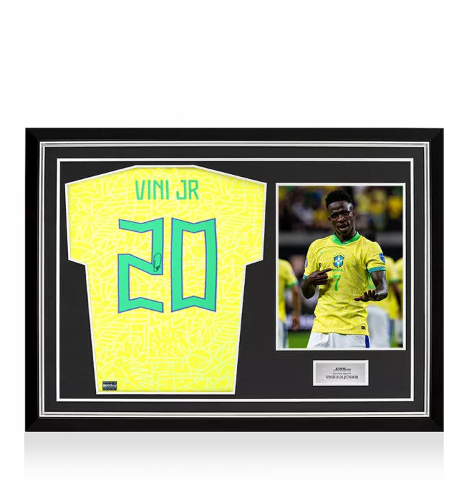 icons Vinicius Jr. Back Signed Brazil 2024 Home Shirt with Fan Style Numbers In Hero Frame: Option 1