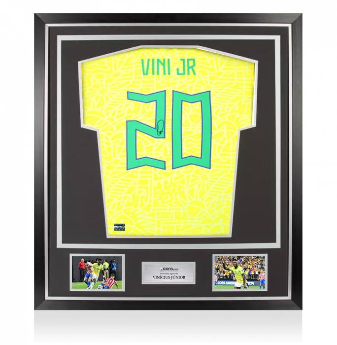 icons Vinicius Jr. Back Signed Brazil 2024 Home Shirt with Fan Style Numbers In Classic Frame
