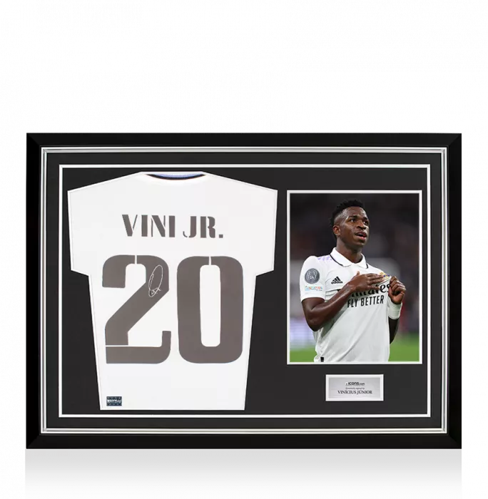 icons Vinicius Jr Back Signed Real Madrid 2022-23 Home Shirt In Hero Frame: Option 1