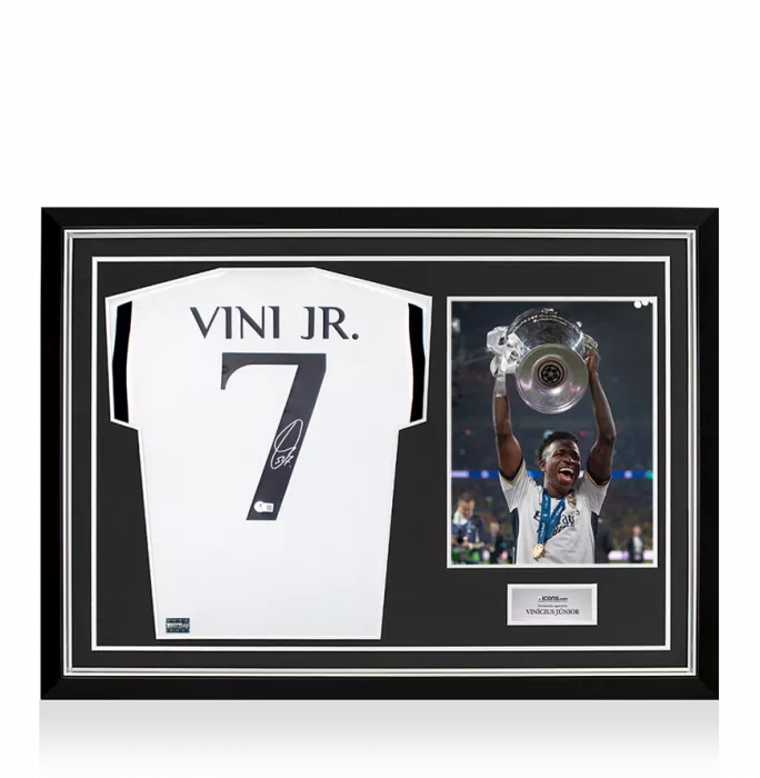 icons Vinicius Jr Back Signed Real Madrid 2023-24 Home Shirt In Hero Frame: Option 1