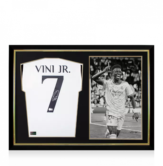 icons Vinicius Jr Back Signed Real Madrid 2023-24 Home Shirt and Original Artwork In Hero Frame: Limited Edition 1/1