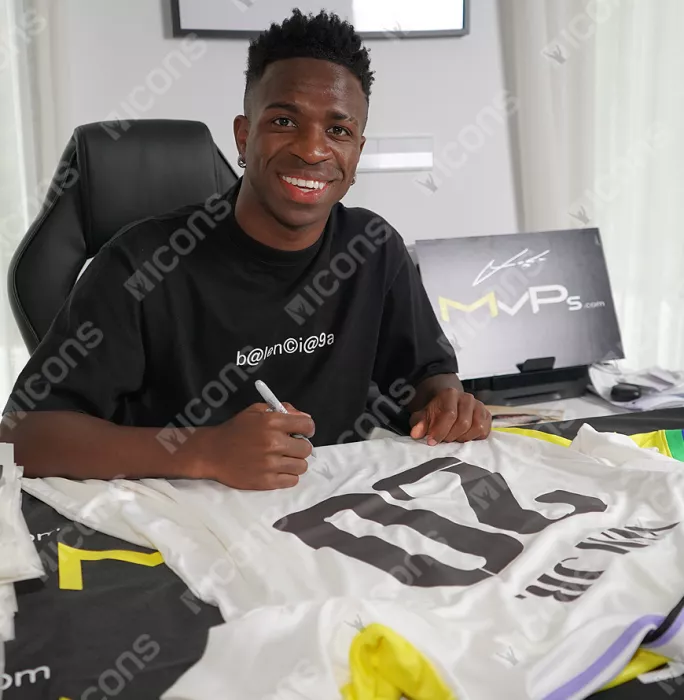 Icons Vinicius Jr Back Signed Real Madrid CF 2022-23 Home Shirt With Fan Style Numbers In Hero Frame: Option 1