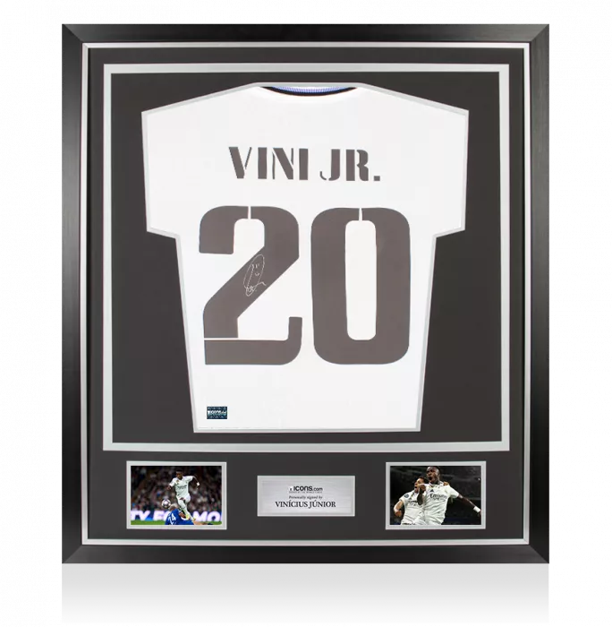 icons Vinicius Jr Back Signed Real Madrid CF 2022-23 Home Shirt with Fan Style Numbers In Classic Frame