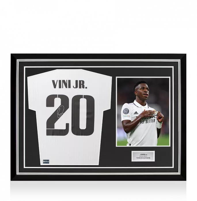 icons Vinicius Jr Back Signed Real Madrid Modern Home Shirt In Hero Frame: Option 1