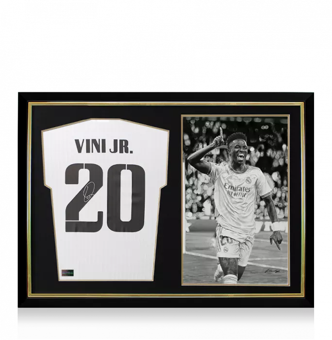 icons Vinicius Jr Back Signed Real Madrid Modern Home Shirt and Original Artwork In Hero Frame: Limited Edition 1/1