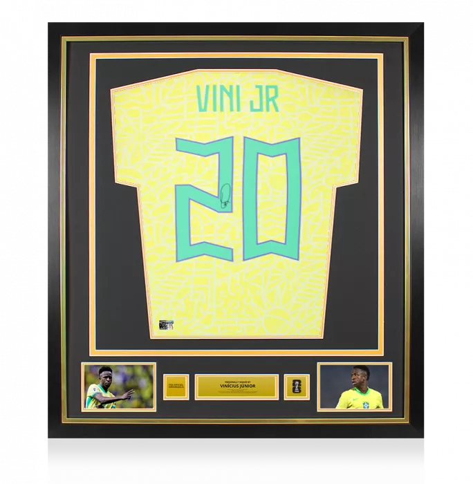 icons Vinicius Jr Official 2026 FIFA World Cup™ Back Signed and Framed Brazil 2024 Home Shirt with Fan Style Numbers