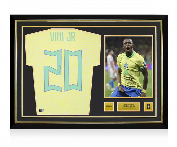 icons Vinicius Jr Official 2026 FIFA World Cup™ Back Signed and Hero Framed Brazil 2024 Home Shirt with Fan Style Numbers