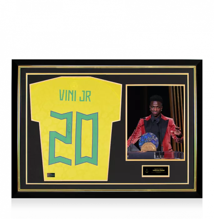 icons Vinicius Jr. Official Ballon d'Or™ Back Signed and Hero Framed Brazil 2022 Home Shirt with Fan Style Numbers: 2023 Sócrates Award Winner