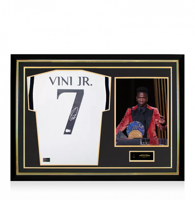 icons Vinicius Jr. Official Ballon d'Or™ Back Signed and Hero Framed Real Madrid CF 2023-24 Home Shirt: 2023 Sócrates Award Winner
