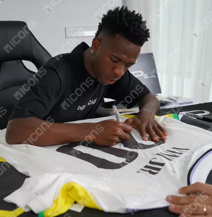 Icons Vinicius Jr. Official Ballon D'Or™ Back Signed And Hero Framed Real Madrid CF 2022-23 Home Shirt With Fan Style Numbers: 2023 Sócrates Award Winner