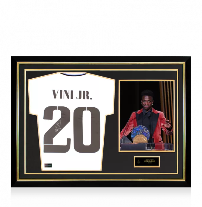 icons Vinicius Jr. Official Ballon d'Or™ Back Signed and Hero Framed Real Madrid CF 2022-23 Home Shirt with Fan Style Numbers: 2023 Sócrates Award Winner