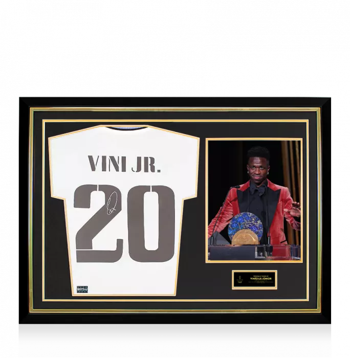 icons Vinicius Jr Official Ballon d'Or™ Back Signed and Hero Framed Real Madrid CF 2022-23 Home Shirt: 2023 Sócrates Award Winner