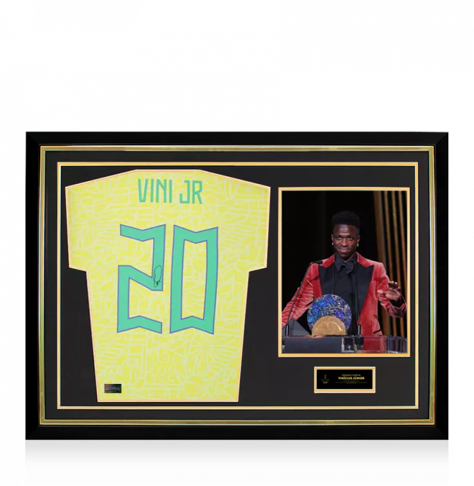 icons Vinicius Jr. Official Ballon d'Or™ Back Signed and Hero Framed Brazil 2024 Home Shirt with Fan Style Numbers: 2023 Sócrates Award Winner