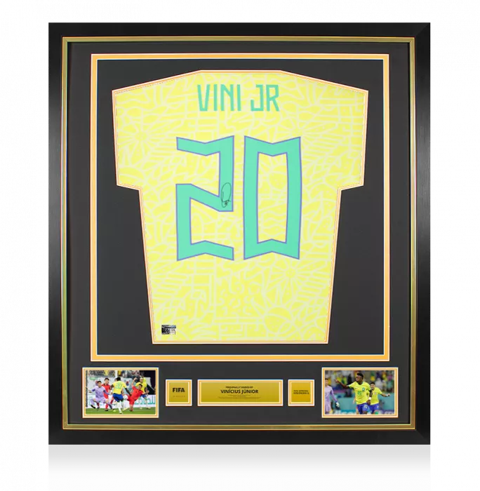 icons Vinicius Jr Official FIFA World Cup™ Back Signed and Framed Brazil 2024 Home Shirt with Fan Style Numbers
