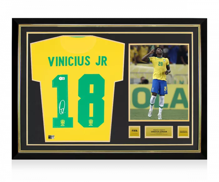 icons Vinicius Jr Official FIFA World Cup™ Back Signed and Hero Framed Brazil 2020-21 Home Shirt