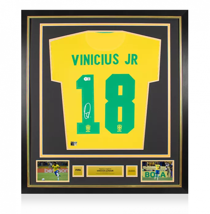 Icons Vinicius Jr Official FIFA World Cup™ Back Signed And Framed Brazil 2020-21 Home Shirt