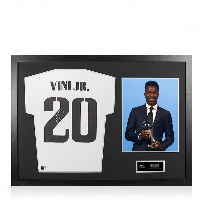 icons Vinicius Jr Official The Best FIFA Football Awards™ Back Signed and Framed Modern Real Madrid CF Home Shirt: 2024 Winner