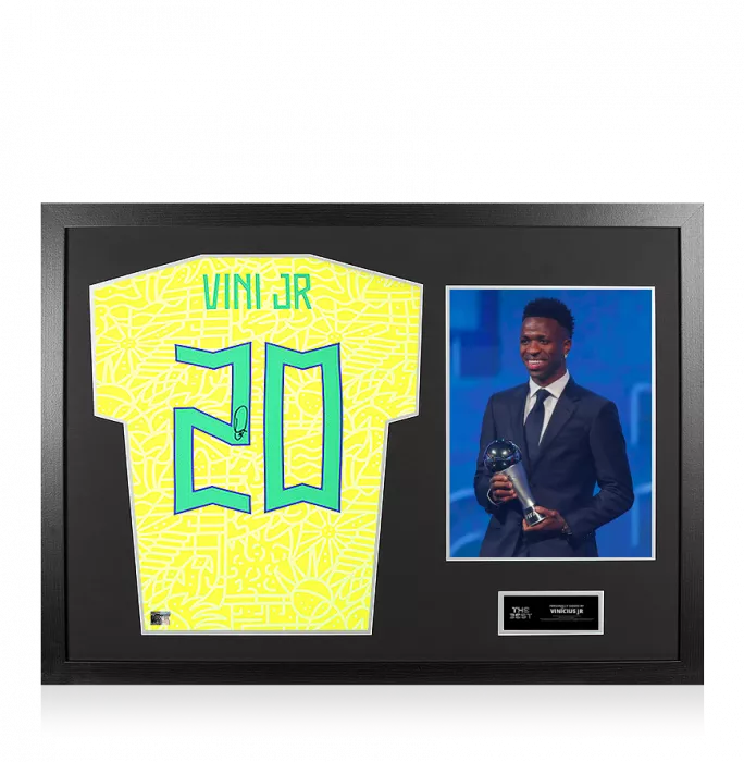 icons Vinicius Jr Official The Best FIFA Football Awards™ Back Signed and Framed Brazil 2024 Home Shirt with Fan Style Numbers: 2024 Winner