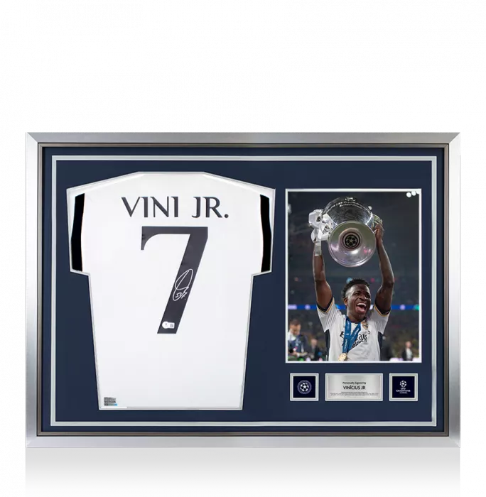 icons Vinicius Jr Official UEFA Champions League Back Signed and Hero Framed Real Madrid 2023-24 Home Shirt