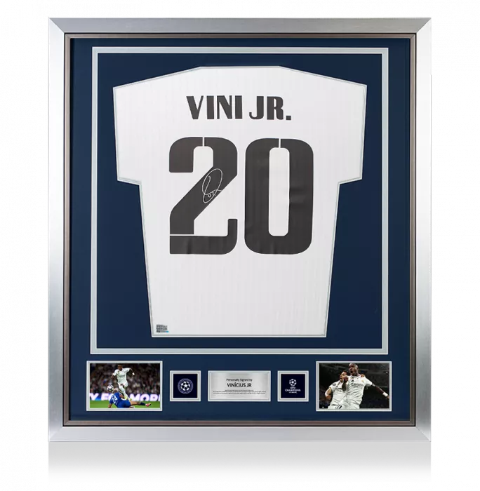 icons Vinicius Jr Official UEFA Champions League Back Signed and Framed Real Madrid Modern Home Shirt