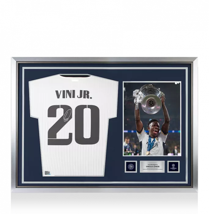 icons Vinicius Jr Official UEFA Champions League Back Signed and Hero Framed Real Madrid Icon Shirt