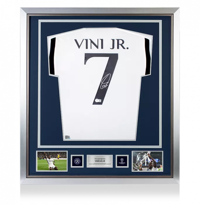 icons Vinicius Jr Official UEFA Champions League Back Signed and Framed Real Madrid 2023-24 Home Shirt