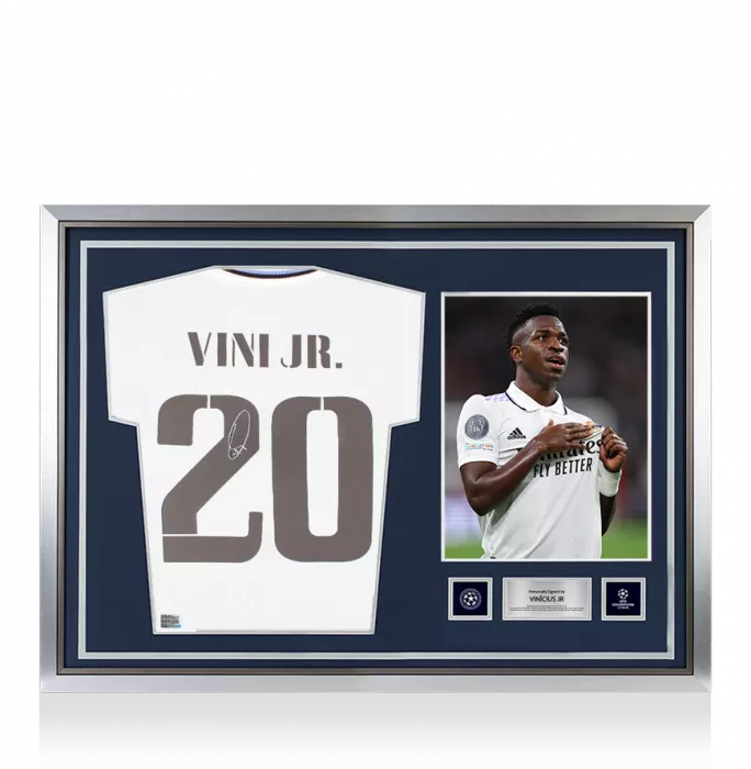 icons Vinicius Jr Official UEFA Champions League Back Signed and Hero Framed Real Madrid 2022-23 Home Shirt