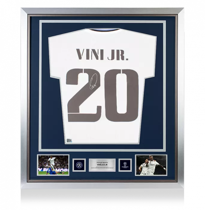 icons Vinicius Jr Official UEFA Champions League Back Signed and Framed Real Madrid 2022-23 Home Shirt
