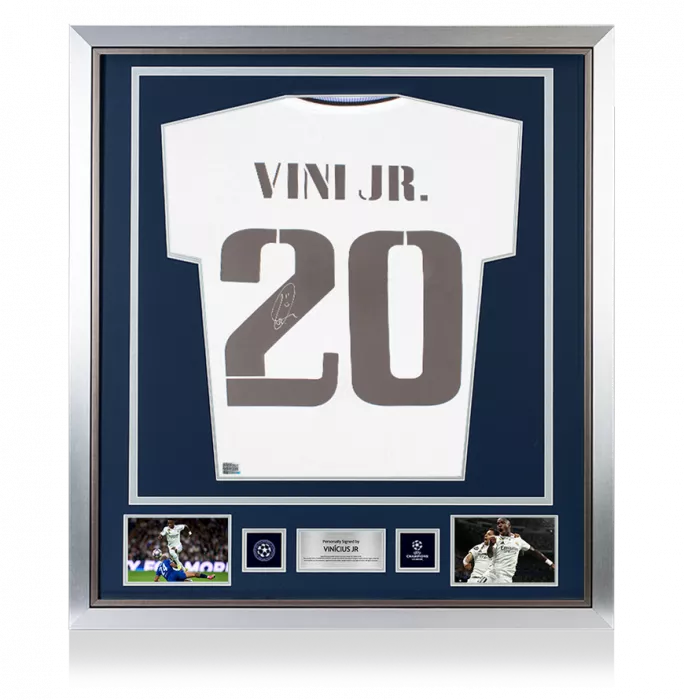 icons Vinicius Jr Official UEFA Champions League Back Signed and Framed Real Madrid CF 2022-23 Home Shirt with Fan Style Numbers