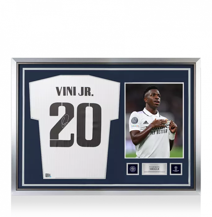 icons Vinicius Jr Official UEFA Champions League Back Signed and Hero Framed Real Madrid Modern Home Shirt
