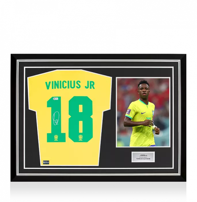 icons Vinicius Junior Back Signed Brazil Retro Shirt In Hero Frame: Option 1