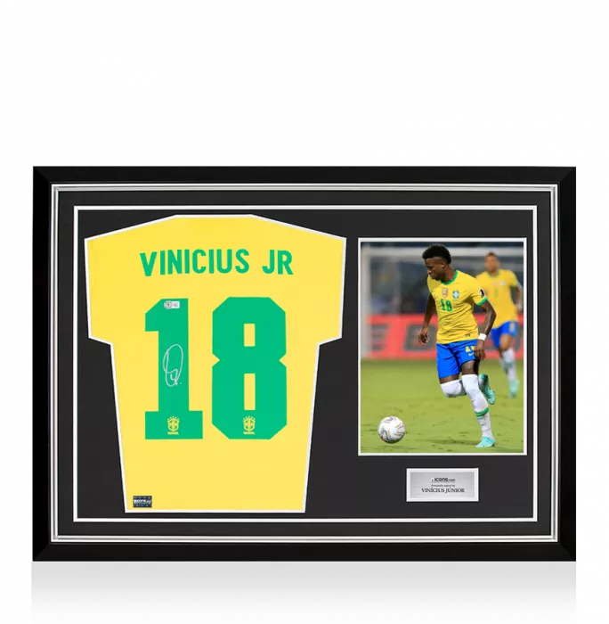 icons Vinicius Junior Back Signed Brazil Retro Shirt In Hero Frame: Copa América Edition