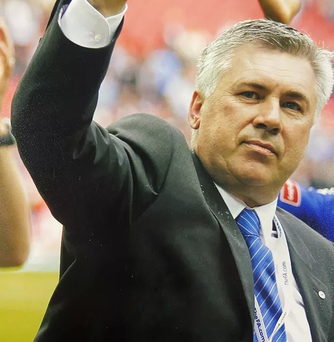 Icons WAREHOUSE SECONDS Carlo Ancelotti Signed Chelsea Photo: Punching Air Grade A