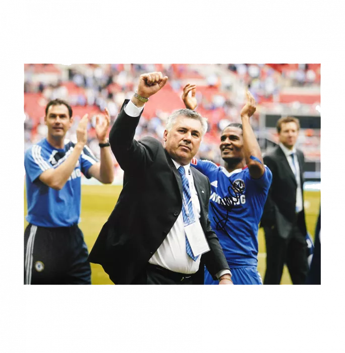 icons WAREHOUSE SECONDS Carlo Ancelotti Signed Chelsea Photo: Punching Air - Light scratches - GRADE A
