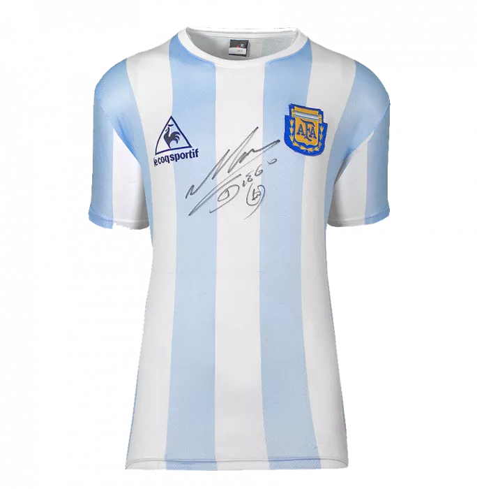 Icons WAREHOUSE SECONDS Diego Maradona Front Signed Retro Le Coq Sportif Argentina Home Shirt - Grade B