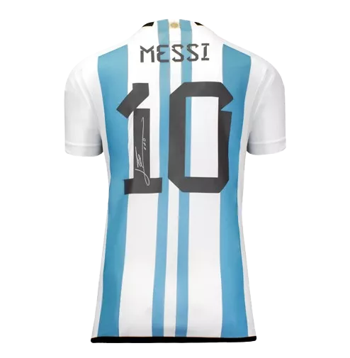 Icons WAREHOUSE SECONDS Lionel Messi Official Back Signed 3 Star Argentina 2022-23 Home Shirt With Fan Style Numbers - Grade B