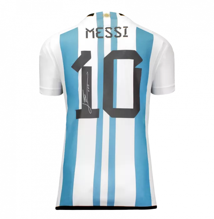 icons WAREHOUSE SECONDS Lionel Messi Official Back Signed 3 Star Argentina 2022-23 Home Shirt With Fan Style Numbers - Grade A
