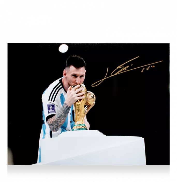 icons WAREHOUSE SECONDS Lionel Messi Signed Argentina Photo: 2022 FIFA World Cup Winner - Grade A