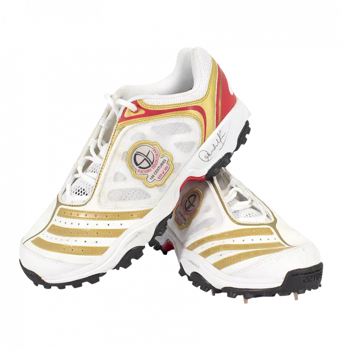 Icons WAREHOUSE SECONDS Sachin Tendulkar Signed White Red And Gold Adidas Cricket Spikes: "100 Centuries" Limited Edition