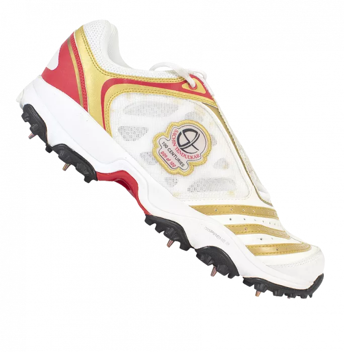 Icons WAREHOUSE SECONDS Sachin Tendulkar Signed White Red And Gold Adidas Cricket Spikes: "100 Centuries" Limited Edition