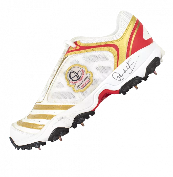 icons WAREHOUSE SECONDS Sachin Tendulkar Signed White Red and Gold Adidas Cricket Spikes: "100 Centuries" Limited Edition