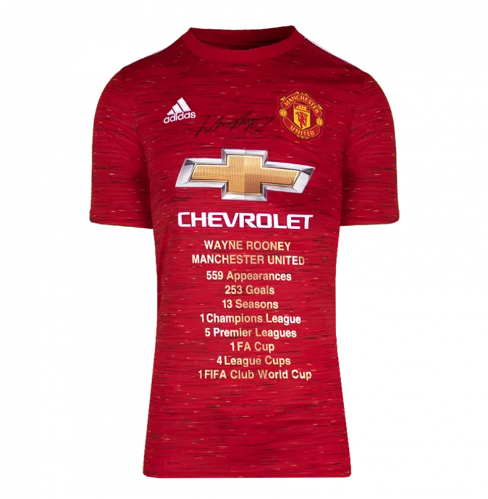 Icons Wayne Rooney Front Signed Manchester United 2020-21 Home Shirt: Career Stats Edition In Hero Frame: Option 1