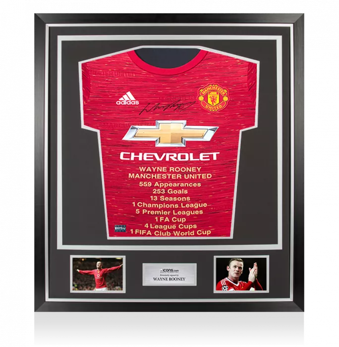 icons Wayne Rooney Front Signed Manchester United 2020-21 Home Shirt: Career Stats Edition In Classic Frame